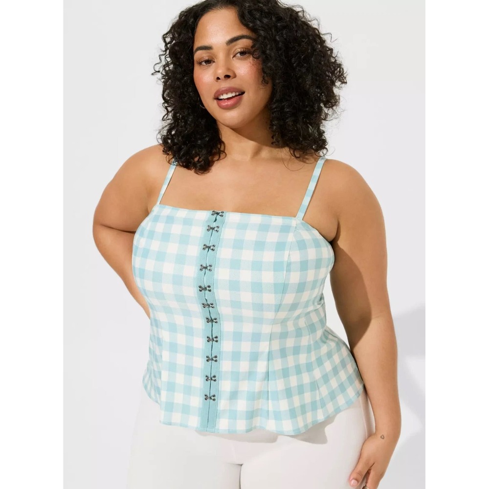 Torrid Teal White Gingham Hook & Eye Fit Flare Crop Top Size 0 L 12 NEW